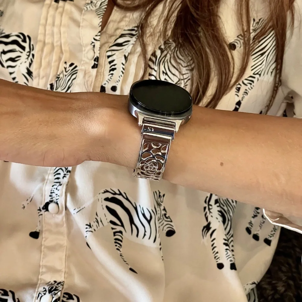 Silver Floral Stainless Steel Smartwatch Band - Fits Round Smartwatches - Picture 8 of 9